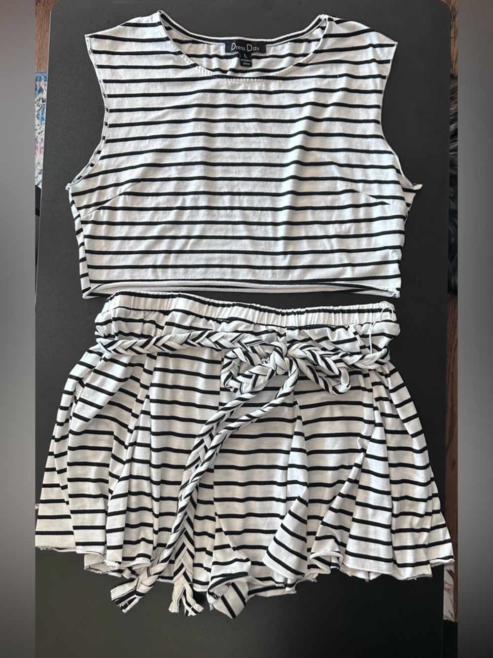 Striped Two-Piece Crop Top and Shorts Set - Black & White